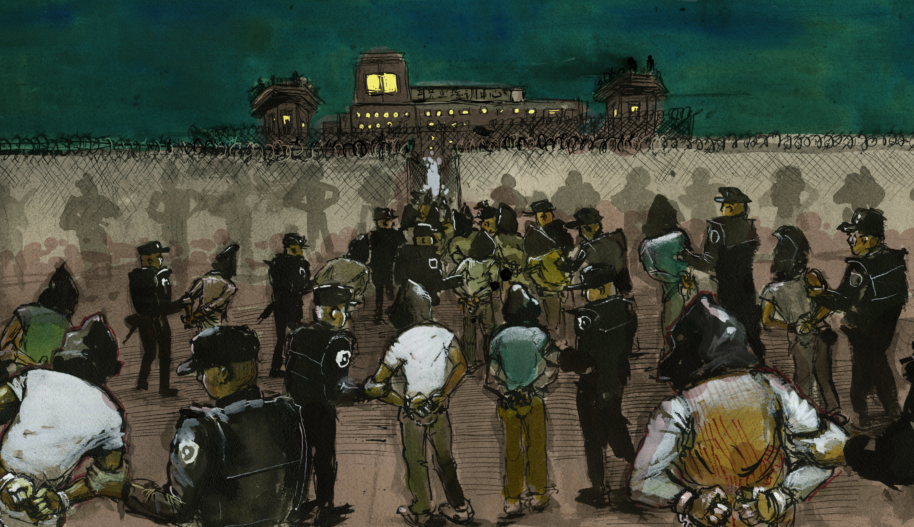 Guards escort detainees to an internment camp in Xinjiang