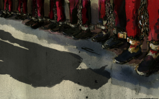 A guard_s shadow in front of a row of shackled detainees_ Xinjiang Amnesty International.