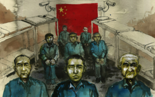 Male detainees sitting silently in their cell_ Xinjiang_ China.
