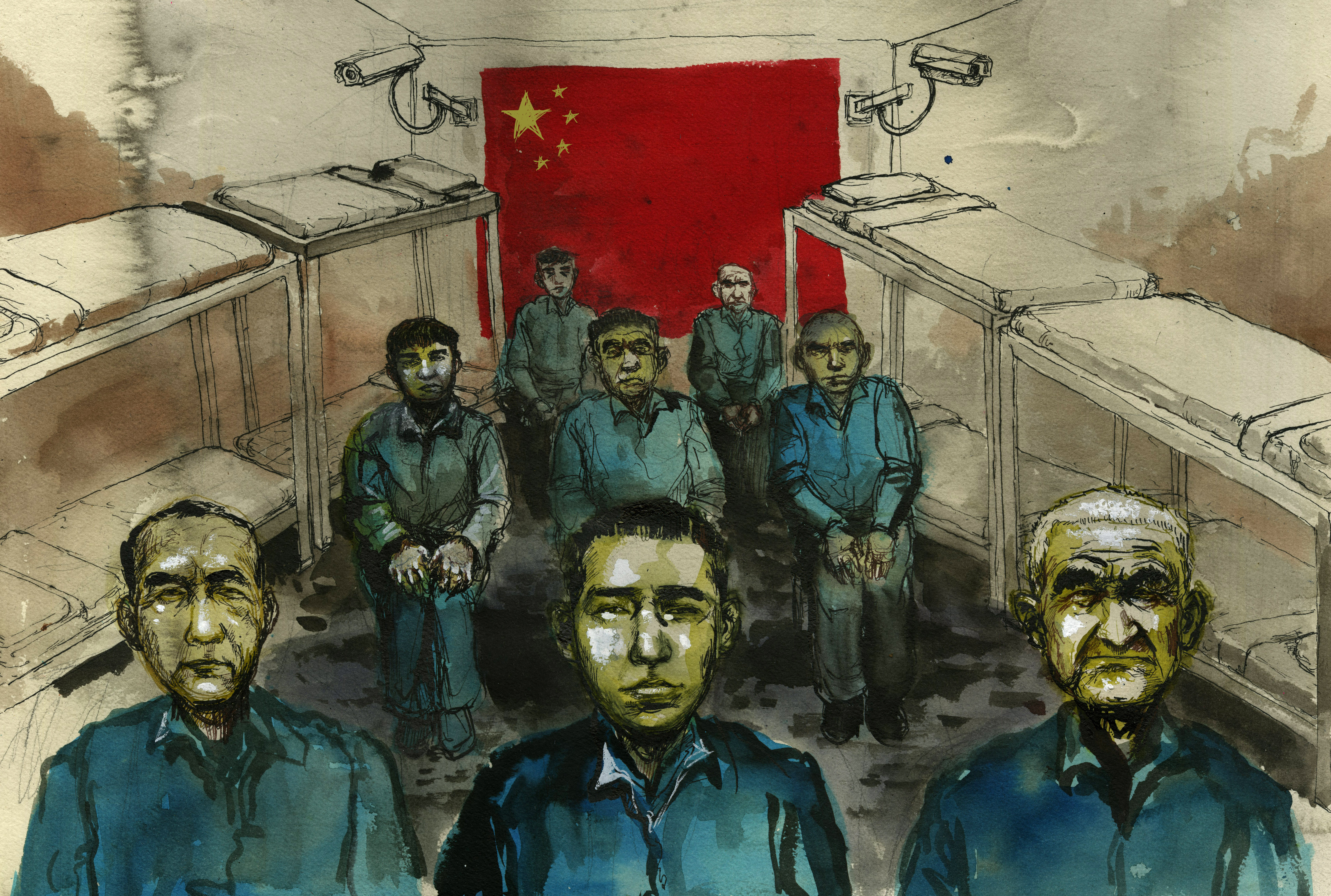 Male detainees sitting silently in their cell_ Xinjiang_ China.